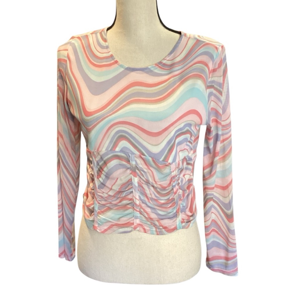 Madden NYC Semi-Sheer Ruched Corset Style Long Sleeve‎ Top, Blushing Bride XL